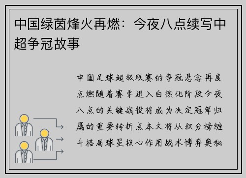 中国绿茵烽火再燃：今夜八点续写中超争冠故事