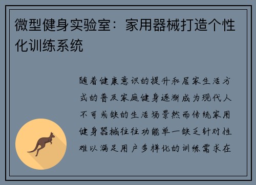微型健身实验室：家用器械打造个性化训练系统