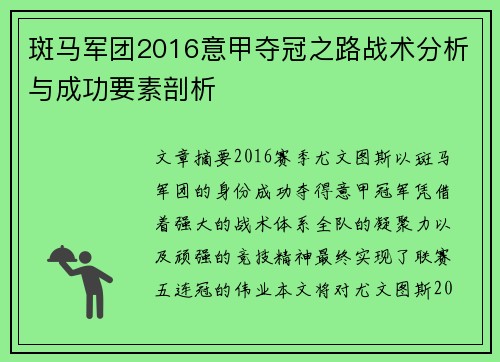斑马军团2016意甲夺冠之路战术分析与成功要素剖析